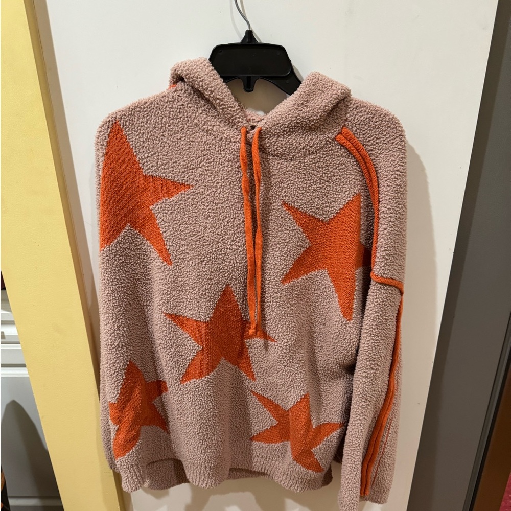 easel Pink Beige Sherpa Hoodie with Orange Star Pattern